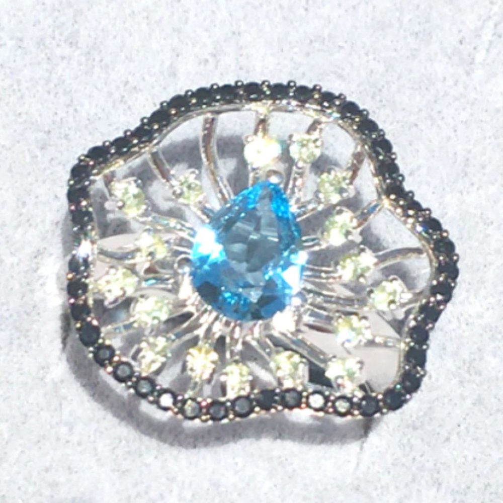 Swiss Blue Topaz .925 Cocktail Ring Peridot Black Spinel Sterling Silver Genuine - Picture 14 of 15